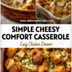 Cheesy Chicken Stuffing Casserole topped with golden breadcrumbs and herbs in a rustic baking dish.